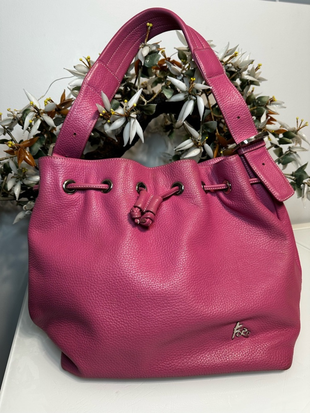 💗FOSO Fuchsia Pink Leather Drawstring Shoulder Bag by